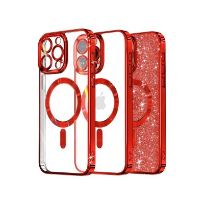 Husa iPhone 14 Pro Max, Crystal Glitter MagSafe cu Protectie La Camere, Red